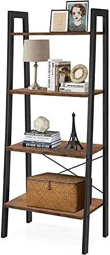QEEIG 4 Tier Ladder Shelf Bookshelf Book Shelves for Bedroom Living Room Farmhouse Standing Shelves 54 inch Tall, Rustic Brown (LS001)