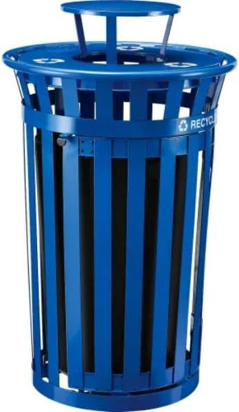 Global Industrial B3178684 Outdoor Steel Slat Recycling Trash Can - Access Door & Rain Lid - 36 gal - Blue