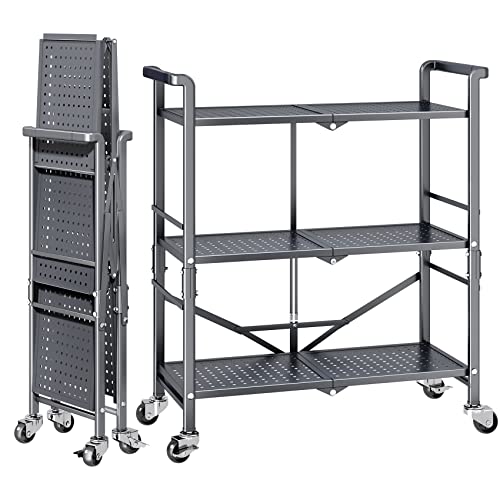 3-Tier Foldable Metal Utility Cart with Wheels for Kitchen, Office, Garage, and Outdoor Use - Gray