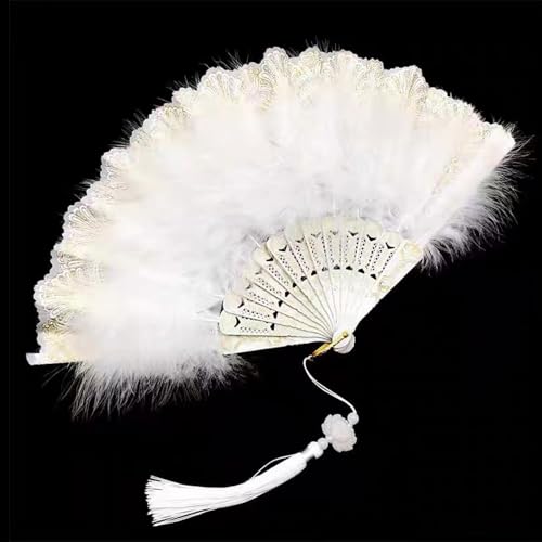 NIIIYTYB Feather Fan White Foldable Handheld Flapper Fan with Feathers 1920s Vintage Embroidered Flower Folding Fan for Women Costume Party Wedding Dancing Decoration Chinese Hand Fan