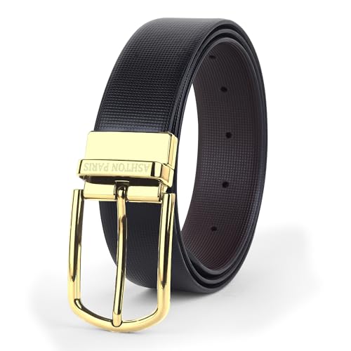 Image of Belts for Men Leather Original, Reversible Black & Brown Formal & Casual Italian Leather Belt with Attached Metal Curved Buckle