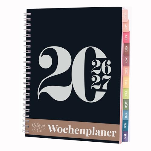 Rileys & Co Wochenplaner 2026 Hausaufgabenheft Schulplaner | Kalender 2026 2027 Juli 2026Juni 2027 planer Notizen Doppeldraht 20 x 15 cm Planner (Schwarz Typografisch auf Deutsch)