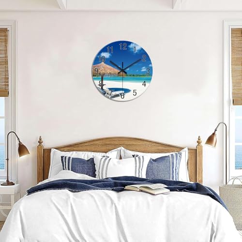 Image of XFM Blue Beach Wall Clock 12 Inch Silent | Non-Ticking Battery Operated Modern Glass Tropical Summer Coastal Decorative for Living Room Kitchen Bedroom Office