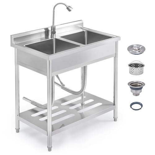 Garvee 2 Compartment Stainless Steel Commercial Sink, Double Bowl Utility Sink with 360° Swivel Faucet, Storage Shelf &amp; Adjustable Feet, Freestanding Prep Sink for Restaurant, Garage, Workshop, Outdoo