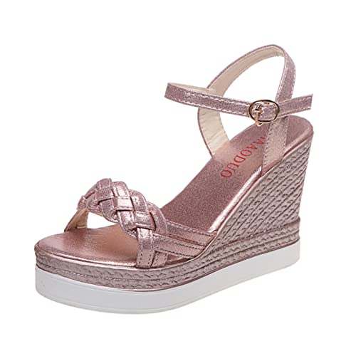 Ecoodisk Sandalias de cuña para mujer, zapatos de plataforma de verano, sandalias de mujer, hebilla de tacón para mujer, tejido de dedo del pie, informal, rosa, 37