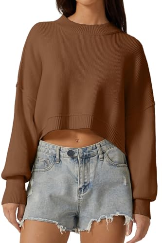 QINSEN Women's Cropped Sweater Crew Neck Dropped Shoulder Baggy