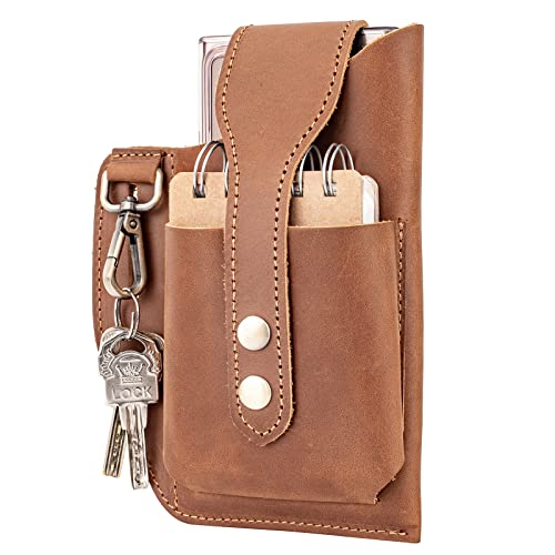 Hengwin Leather Cell Phone Holster Belt Holder Case with Belt Clip Loop for iPhone 11 12 13 Pro Max 6 7 8 Plus Samsung Galaxy Note 20 9 8 S22 Ultra 5G S9 S8 Plus (Fits 2 Phones w Slim Case on) (Brown)