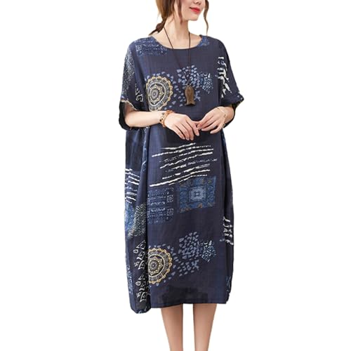 Image of LUZU JUNU Women's Summer Baggy Plus Size Loose Cotton Linen Long Boho Beach Dress with Pockets