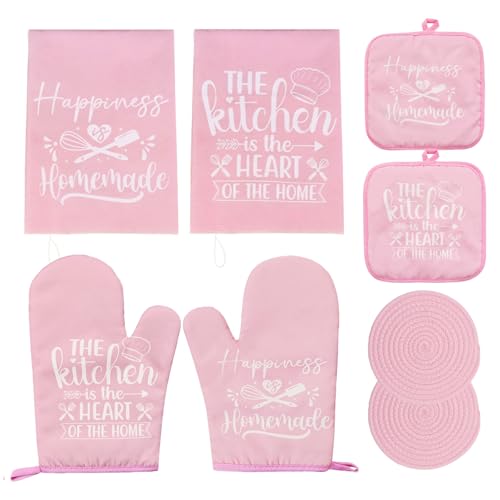 8-Pcs Pink Oven Mitts and Pot Holders Set – Pink Kitchen Accessories, Includes 2 Oven Mitts, 4 Pot Holders, 2 Dish Towels, for Baking, Cooking, Farmhouse, Housewarming, Christmas, Valentine's Day - image 1