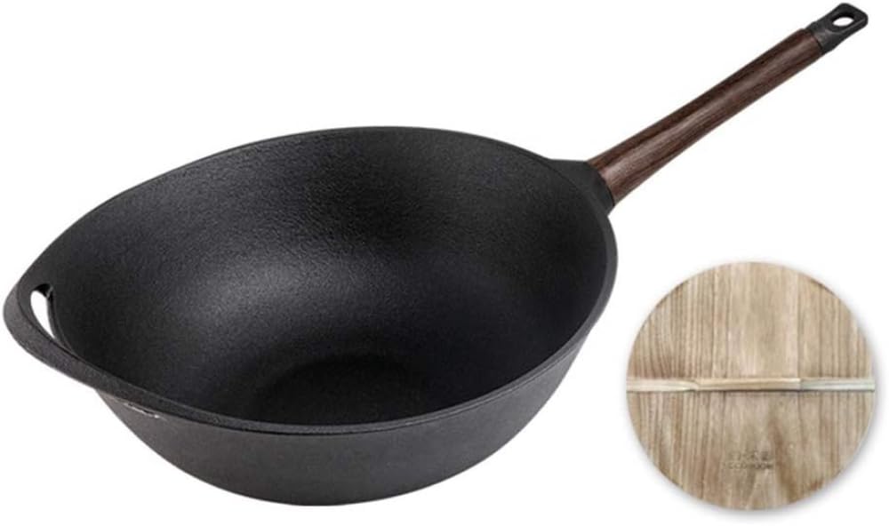 ASerZenith 12 Inch Traditional Hand Hammered Cast Iron Wok, Cooking Pot With Cover, Does Not Rust/Multi-Compatible