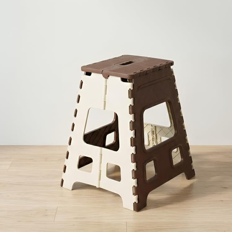 Image of U-MAX 18 Inch Folding Step Stool, Portable, Heavy Duty Plastic with Anti-Slip Surface Space-Saving Foldable Stool for Kids & Adults (Brown-Ivory)