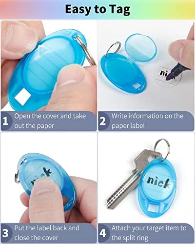 Uniclife 24 Pack Oval Key Tags Colorful Tough Plastic Key Chain Tags with Ruled Paper Labels Clear Windows and Split Rings Sturdy Item Identifiers, 8 Colors