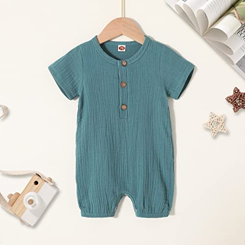 Happy Town Infant Baby Girl Boy Jumpsuit Cotton Linen Romper Short Sleeve One-Piece Bodysuit Infant Summer Clothes Outfits (Aquamarine, 3-6 Months) #TOP1