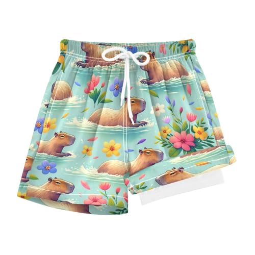 Capybaras Boys Swim Trunks with Compression Liner Quick Dry Bathing Bottom Kids Beach Shorts