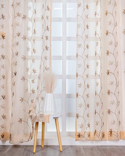 Image of (5 Ft Sheer Tissue with Embroidery Flower Designn | Grommet Curtains Window Curtain | Window Curtain (Brown) | for Home | (Pack of 2) | 152 L X 121 W Centimeters