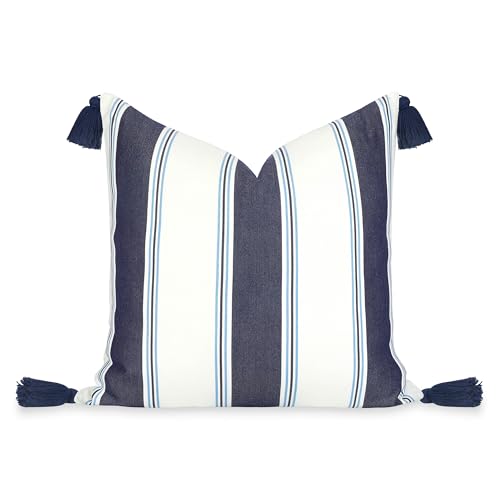 Hofdeco Premium Coastal Hampton Outdoor Performance Throw Pillow Cover Only, 20"x20" Water Repellent, UV and Fade Resistant for Backyard, Couch, Poolside, Indigo Azure Blue Woven Harbor Stripes