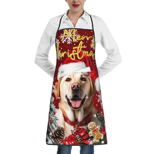 nopicsn Merry Christmas Labrador Retriever Dog Apron for cooking with Pockets Women Men Kitchen Chef Funny Aprons