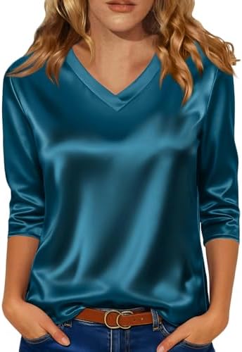 Women's Silk Satin Blouse Dressy Casual V Neck 3/4 Length Sleeve ...
