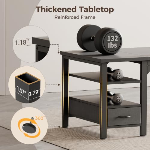 Image of Mericonia 63 inch Computer Desk with Drawer, 1.2 inch Thick Reversible Office Desk | Modern Writing Table with Power Outlets & Storage Shelves, Heavy Duty Industrial Executive Desk for Home Bedroom Study Work