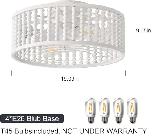 Image of Beaded Ceiling Fans with Lights and Remote, 19 inches Off-White | Bulbs Included, Tropical Caged Fandelier, Flush Mount, Lighting Fixture, Nursery, Kid Room, Auto-off, Quiet, Reversible Motor