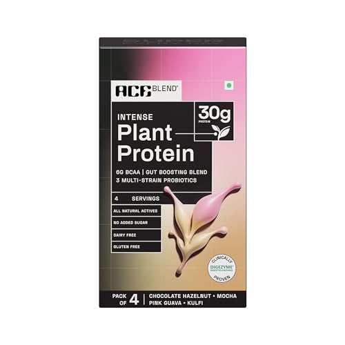 Ace Blend INTENSE 30G A-Grade Plant Protein | Pack of 4 Flavours | Complete Amino Acid Profile | Probiotics + Fibre | 6g BCAA | 95%+ Bio Available | Advanced Lean Muscle Growth & Recovery