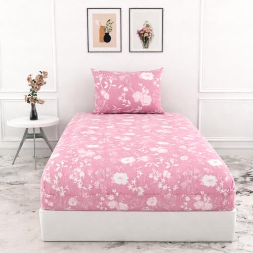 Image of Blue Strip Polycotton Fitted Bedsheet, Single 42x75 (Pink Gulab) | 300 TC | All-Round Elastic Grip | Soft, Breathable & Colourfast | Wrinkle Resistant | Machine Washable