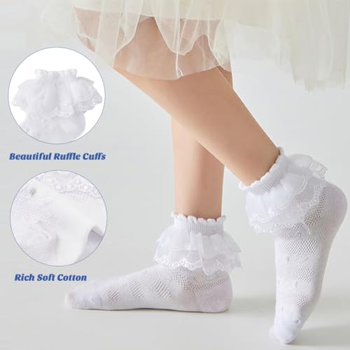 Meeshine 5 Pairs Baby Girls Eyelet Frilly Lace Socks Princess Ruffle Cotton Ankle Dress Thin Socks for 1-9T Toddler Kids2