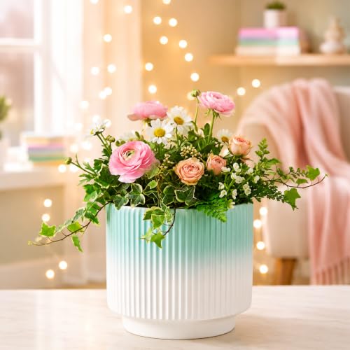 Image of Xtore Elegant Ribbed Ceramic Planter for Home & Office Decor | Modern Indoor Flower Pot with Soft Aqua-Toned Interior for Living Room, Bedroom, Desk, Shelf, Balcony & Window Styling (Shaded Green)