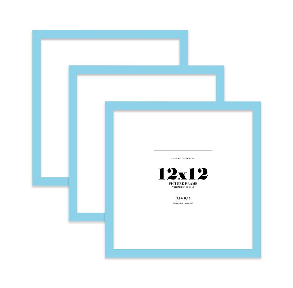12x12 Light Blue Picture Frame with Large Mount for 5x5 Photos, Prints - Modern Square Wall Frame, Set of 3