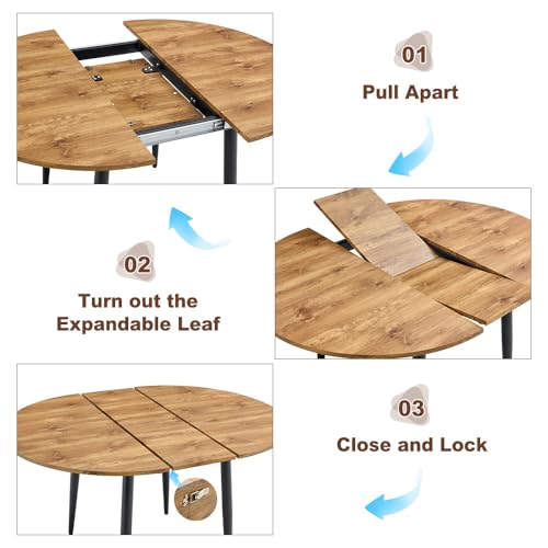 Image of FURNITO Wood Dining Table Set for 4, 42 inch-54 inch Round to Oval Extendable Table with 4 Linen Fabric Chairs, Space-Saving Contemporary Dining Room Set for Small Apartments or Kitchens, Easy Assembly
