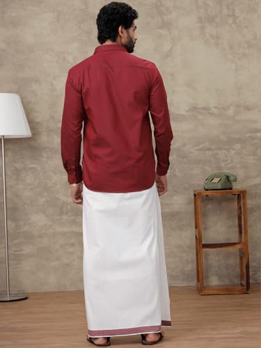 Image of RAMRAJ COTTON Men Full Sleeve Solid Shirt With Matching Border Dhoti|Ideal For Weddings And Occasion
