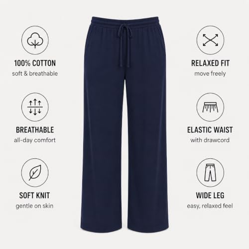 Image of Essential Elements Womens 3 Pack PJ Pants 100% Cotton Jersey Lounge Pajama | Soft Lightweight Breathable Knit With an Elastic Waist, Comfy for Sleep, Lounging and Relaxed Everyday Wear