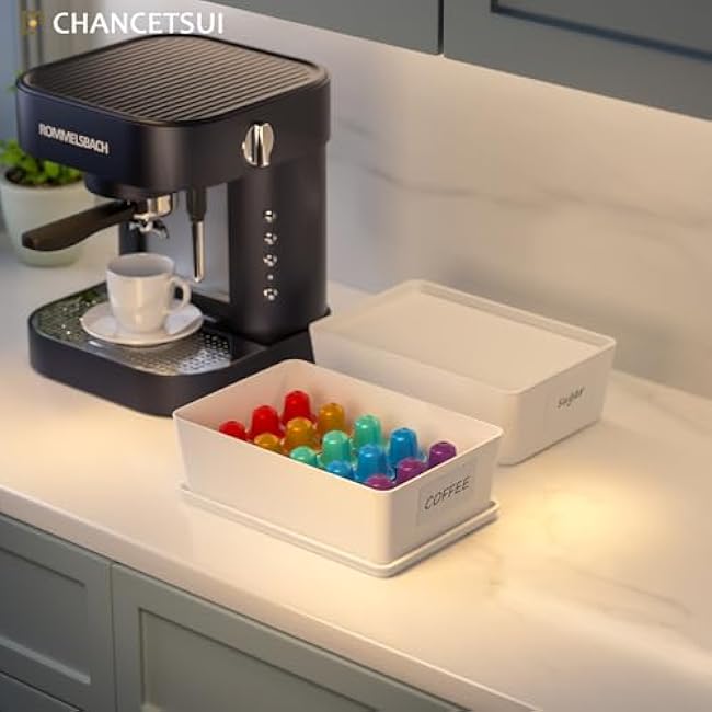 CHANCETSUI Pantry Storage Containers for Snacks: 2 Pack Coffee White Plastic Organizer Bins, 7x10 Inch Stackable Kitchen Cabinet Organizers