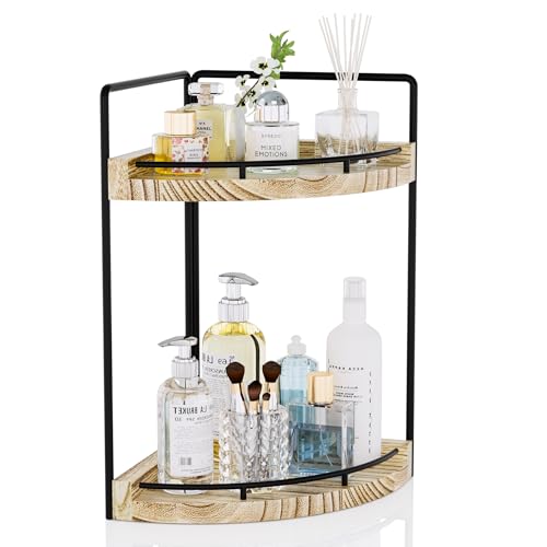 Image of Corner Bathroom Counter Organizer, 2 Tier Wood Vanity Storage, Waterproof Skincare Shelf for Kitchen & Toiletries Decor, Dresser (Rustic-2 Tier)