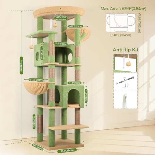 Image of Globlazer Cactus Heavy Duty Cat Tree, 74in Tall Sturdy Cat Tower for Large Cats Adult Big Cat Tree with 7 Scratching Posts, 2 Padded Spacious Condos, 2 Hanging Baskets, Enlarged Top Perch, S74, Green