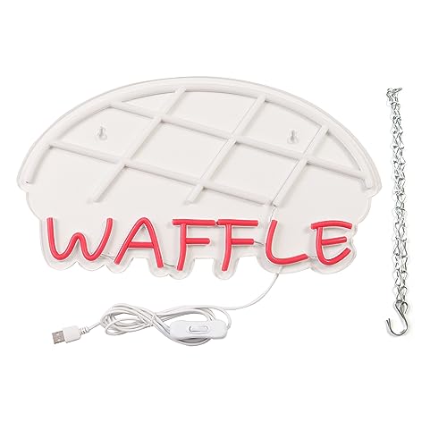 Image of Waffle Neon Signs for Wall Decor Neon Lights for Bedroom Led Business Signs Suitable for Cake Shop Bakery Supermarkets Stores Cookie House 5V Power Adapter, 16.2 * 9 Inch(Warm White + Red)