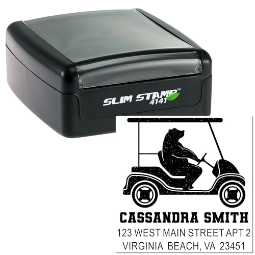 Image of Bear Golf Cart, Golf Cart Rubber Stamp for Tags, Handcrafted Standard 1-5 /8 Square, Wood Handle Design, Personalized Tag, Ideal Enthusiasts & Craft Supplies, Hobbyists, Unique Gift