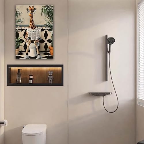 Qiukoo Wandkunst, lustiger Giraffen-Toilettendruck, gerahmtes Leinwandbild für Badezimmerbilder und Dekor, wasserdichte WC-Wandkunst mit Rahmen und Haken zum Aufhängen, 30,5 x 40,6 cm