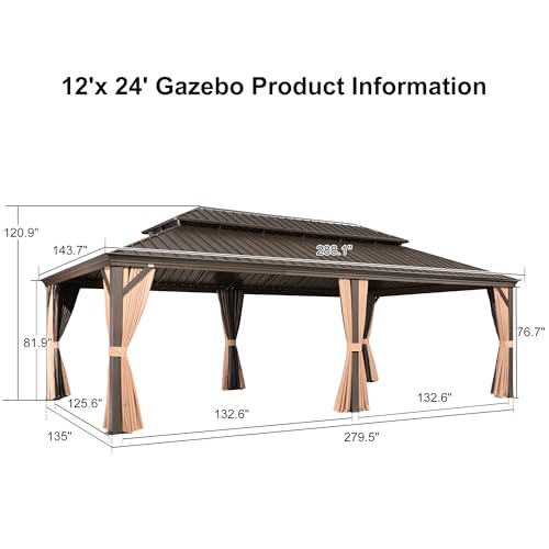 PURPLE LEAF 12' X 24' Outdoor Hardtop Gazebo Patio Wide Aluminum Frame Metal Double Roof with Heavy Duty Netting and Curtains for Permanent Hard Top Pavilion Screen, Khaki - Image 9