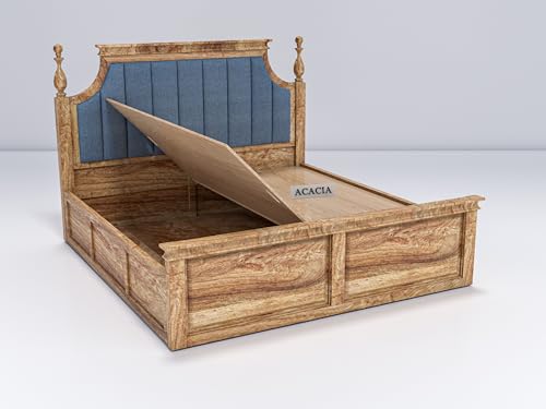Image of Craft Wooden King Size Bed with Storage | Double Bed Cot Bed with Box Storage & Blue Colour Upholstered Cushioned Headboard for Bedroom | Solid Wood Sheesham, Teak Finish