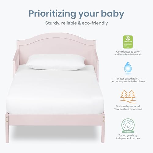 Image of Dream On Me Sydney Toddler Bed, GREENGUARD Gold, Pinewood, Blush Pink | Solid Arched Panel, Low to Floor Bed, 2 Safety Guard Rails, Sturdy Wooden Frame, 50 Lb Limit, BSA Verified