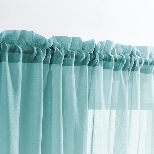 Image of MYSTIC-HOME Sheer Curtains 45 Inch Length, Rod Pocket Voile Drapes for Living Room, Bedroom, Window Treatments Semi Crinkle Curtain Panels for Yard, Patio, Villa, Set of 2, 52 inchx 45 inch, Grey Teal