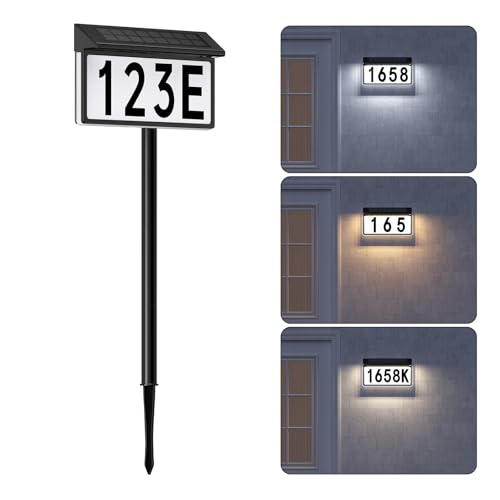 Solar Address Sign, Solar Lighted House Numbers for Outside, 3 Colors Waterproof Illuminated House Number Plaque With Stake, Wall Mounted or In Ground Solar Address Numbers for Yard Garden Street Home (Black, 1 Pack)