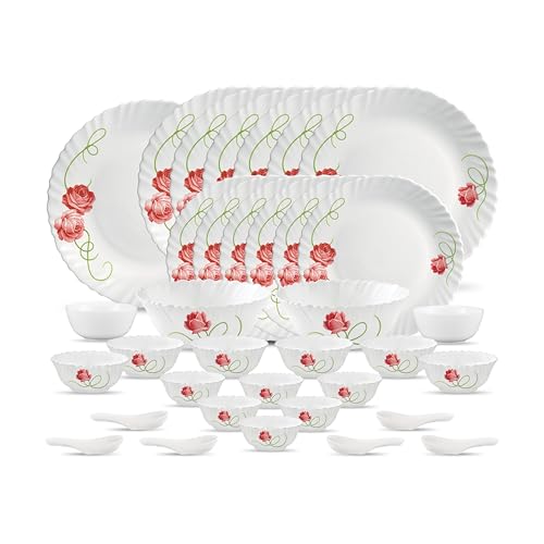 Image of La Opala Novo Collection Opal Glass Crockery | for Family of 6 | Dinner Set 35 pcs Dainty Swirls | Plates & Bowls for Dining | Microwave Safe | 100% Vegetarian | Extra Strong | Light & White