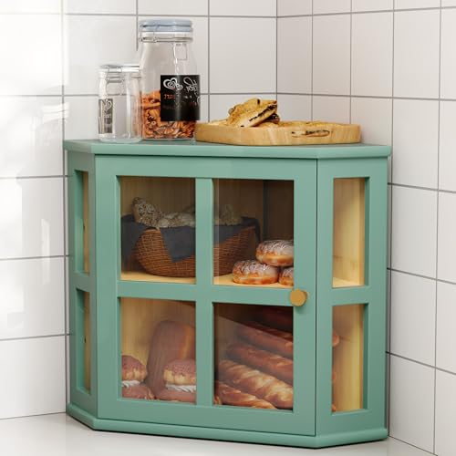 HOLTICO Bamboo Corner Bread Box with Acrylic Door - 2 Tier Storage Solution for Home-Baked Goods, Ideal for Kitchen Counters, Green