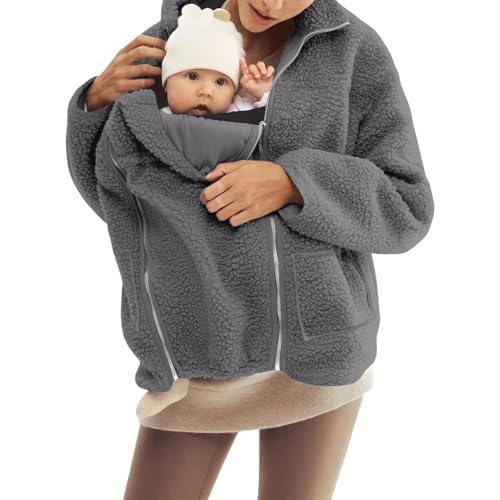 Image of Women's Fleece Jacket Zip Up 2 in 1 Baby Wearing Winter Coat Thiken Warm Outerwear with Baby Carrier Pocket