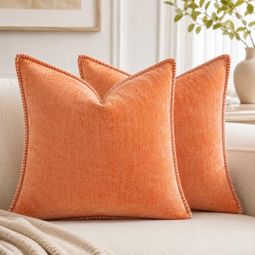 HOSHEN HOME Decorative Throw Pillow Covers 18x18 Inch Pack of 2 Orange Chenille Soft Pillow Covers with Stitched Edge Farmhouse Neutral Euro Decorative Pillows for Bed Couch Sofa Home Decor