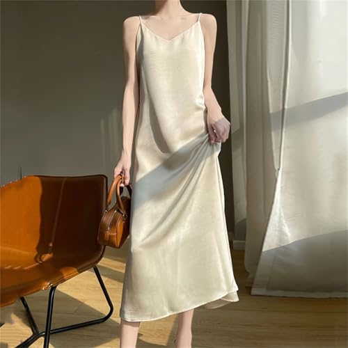 Women's Sleeveless Suspender Long Dress Anti Wrinkle Silk Strap Dress Loose Poplin Long Skirt4