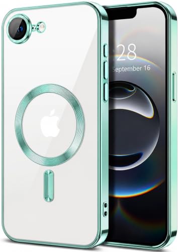 Image of Elzzi Electroplating Transparent Clear Logo Back Cover TPU Compatible with iPhone 17e / iPhone 16e Case, Compatible with Magsafe, Full Body & Camera Protection for Each Lens for Men & Women (Green)