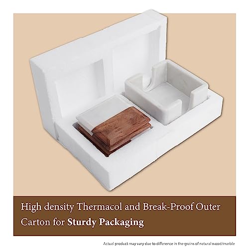 Image of DREAMY WALLS Marble Coasters Set of 4 with Holder, Acacia Wood Inlay, Dining Table Coasters for Hot Pots Tea & Coffee Mugs Table Coasters Decorative Items for Home Decor